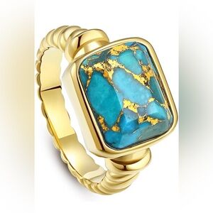 Women's 14K Gold Plated Statement Rings Emerald Cut Teal Turquoise/Rose Quartz